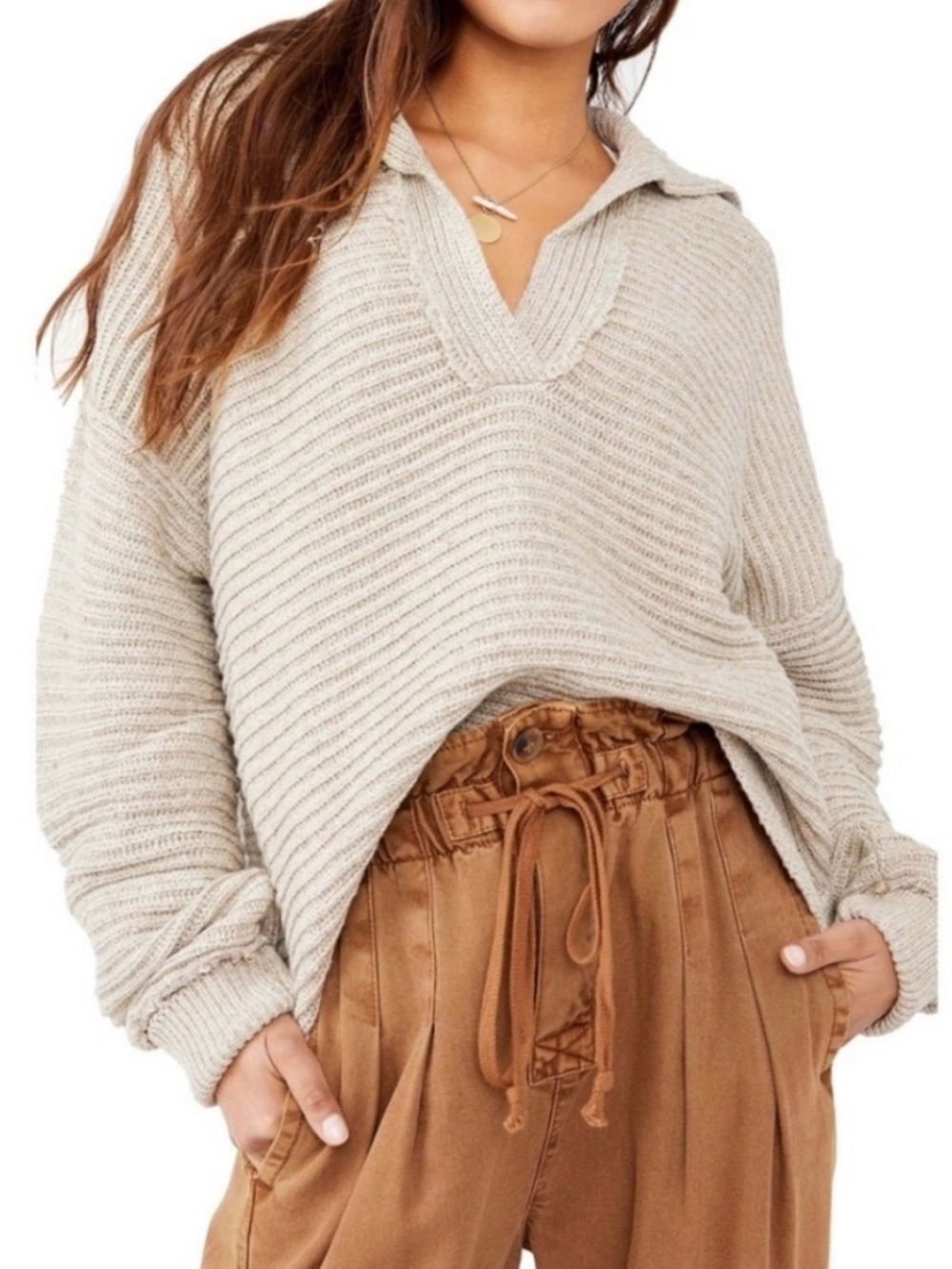 Free people oversized ribbed Henley sweater gray size medium